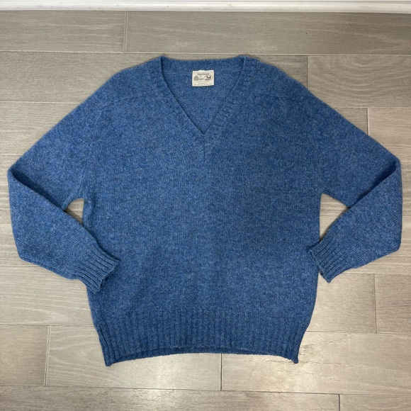 Vintage Shetland Pure New Wool V-Neck Sweater Blue Made In Scotland Classic 40 M - Picture 10 of 15